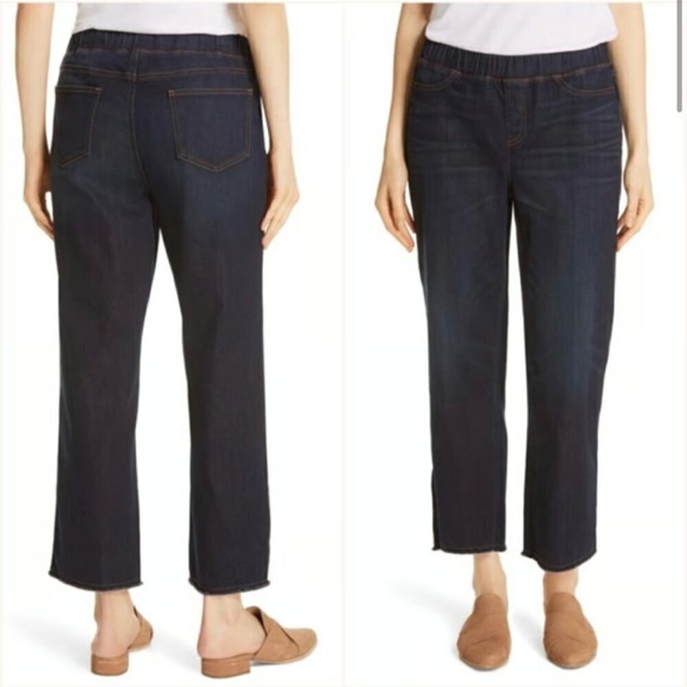 Eileen Fisher Frayed Hem Pull-On Ankle Jeans, Dark Wash, Size S